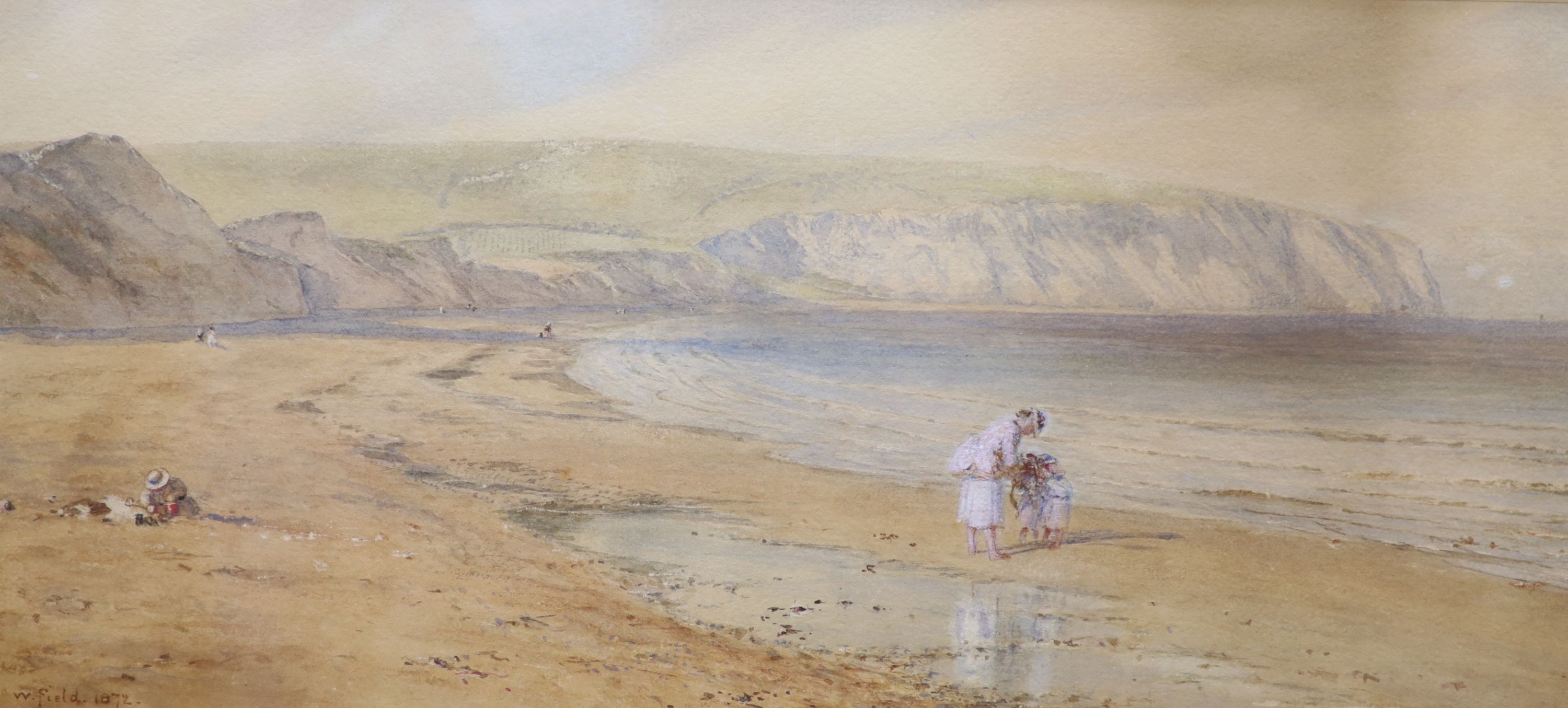 Walter Field, A.R.W.S., (1837-1901), watercolour, 'Mother and children on the beach, Seven Sisters cliffs and coastal scene', signed and dated 1872, 15 x 34.5cm